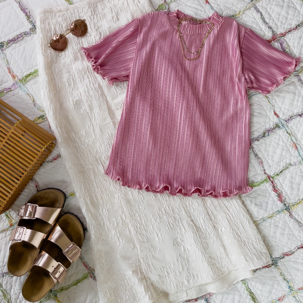 80s Matte Satin Variegated Accordion Pleated Short Sleeve Blouse